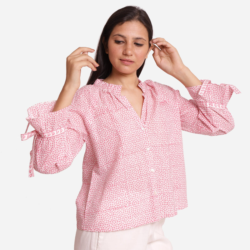 Right View of a Model wearing Pink Sanganeri Block Print Cotton Ruffled Collar Blouse