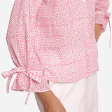 Close View of a Model wearing Pink Sanganeri Block Print Cotton Ruffled Collar Blouse