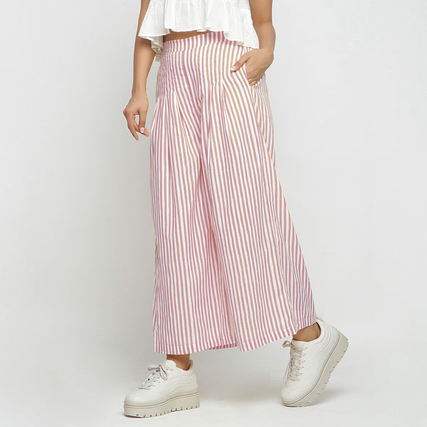 Left View of a Model wearing Pink Striped Wide Legged Cotton Pant