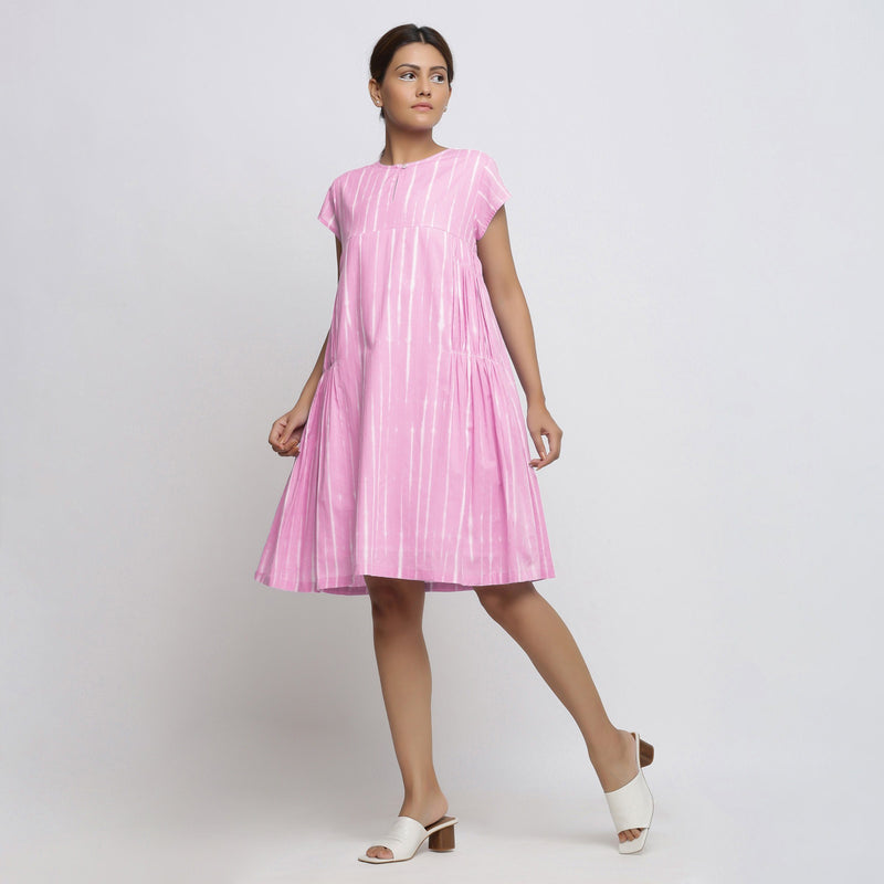 Left View of a Model wearing Pink Tie Dye Yoked Knee Length Dress