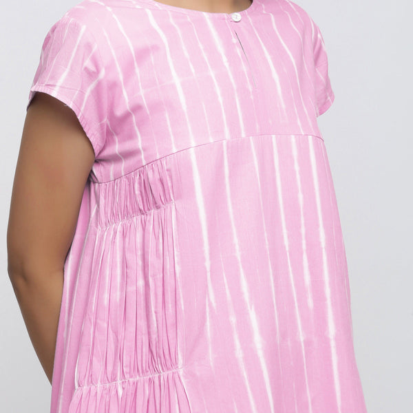 Front Detail of a Model wearing Pink Tie Dye Yoked Knee Length Dress
