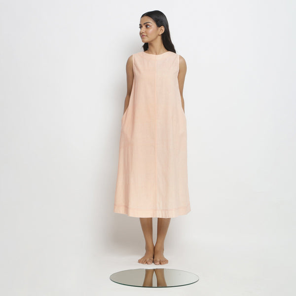 Front View of a Model wearing Pink Vegetable Dyed Cotton Paneled A-Line Midi Dress