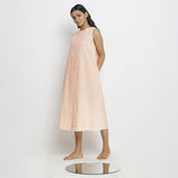 Left View of a Model wearing Pink Vegetable Dyed Cotton Paneled A-Line Midi Dress