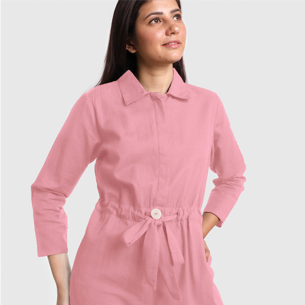 Front Detail of a Model wearing Pink Wide Legged Cotton Overall