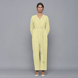Front View of a Model wearing Pista Yellow Corduroy Comfy Jumpsuit