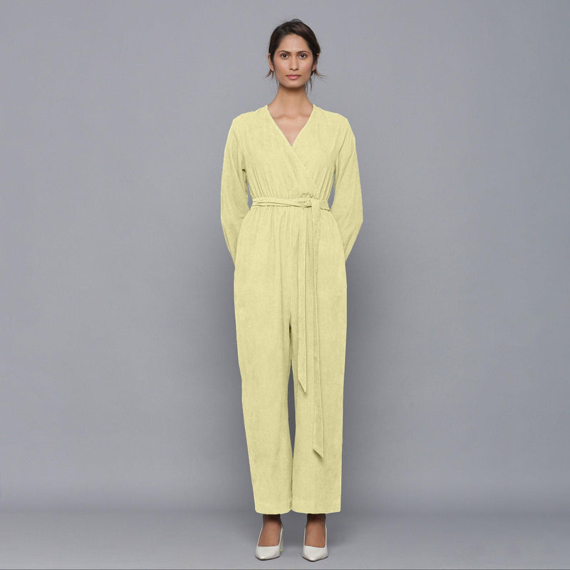 Front View of a Model wearing Pista Yellow Corduroy Comfy Jumpsuit