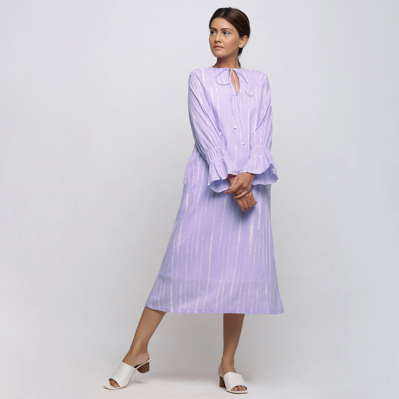 Front View of a Model wearing Poet Sleeves Cotton Lavender Yoke Dress