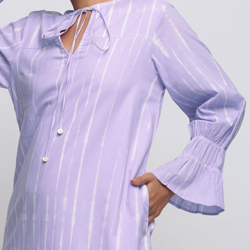 Front Detail of a Model wearing Poet Sleeves Cotton Lavender Yoke Dress
