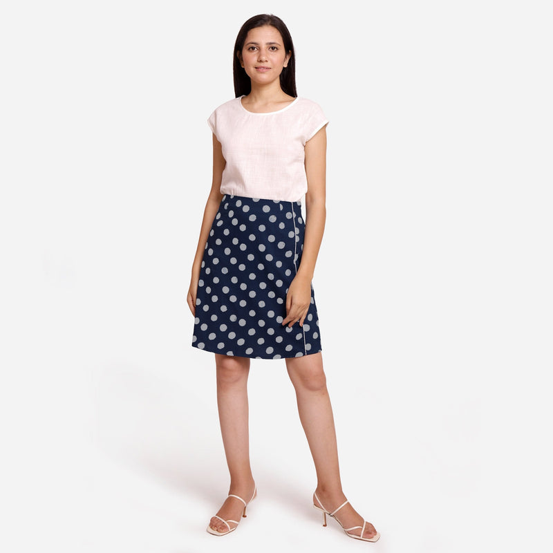 Front View of a Model wearing Polka Dot Indigo High-Rise Pencil Skirt