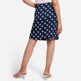 Back View of a Model wearing Polka Dot Indigo High-Rise Pencil Skirt