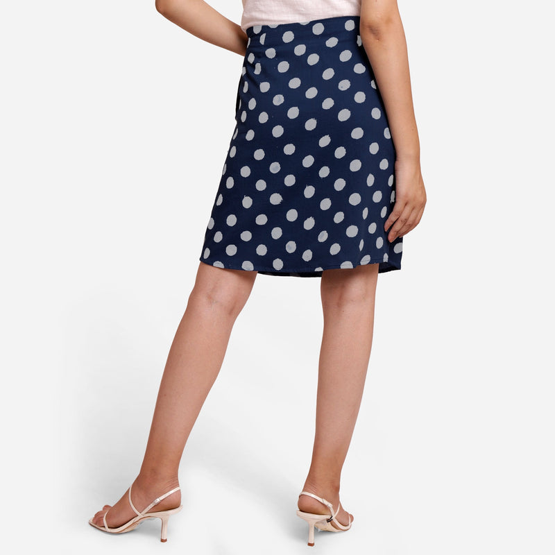 Back View of a Model wearing Polka Dot Indigo High-Rise Pencil Skirt