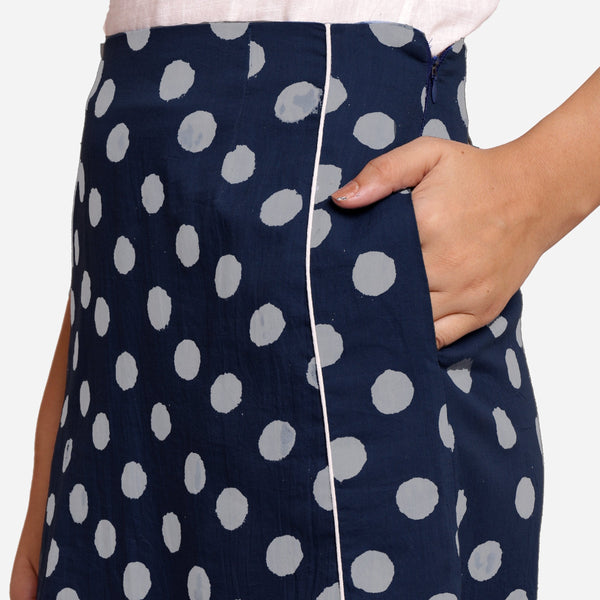Front Detail of a Model wearing Polka Dot Block Printed Cotton Pencil Short Skirt