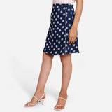 Left View of a Model wearing Polka Dot Indigo High-Rise Pencil Skirt