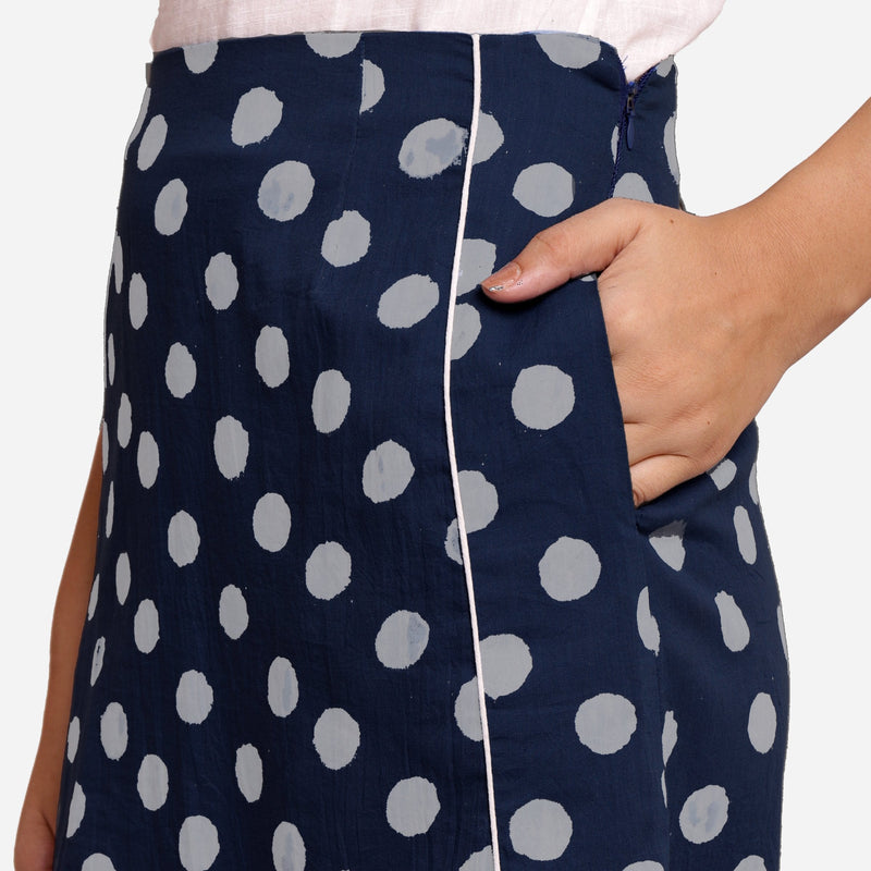 Left Detail of a Model wearing Polka Dot Indigo High-Rise Pencil Skirt