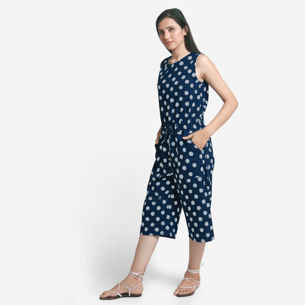 Left View of a Model wearing Polka Dot Straight Culotte Midi Jumpsuit