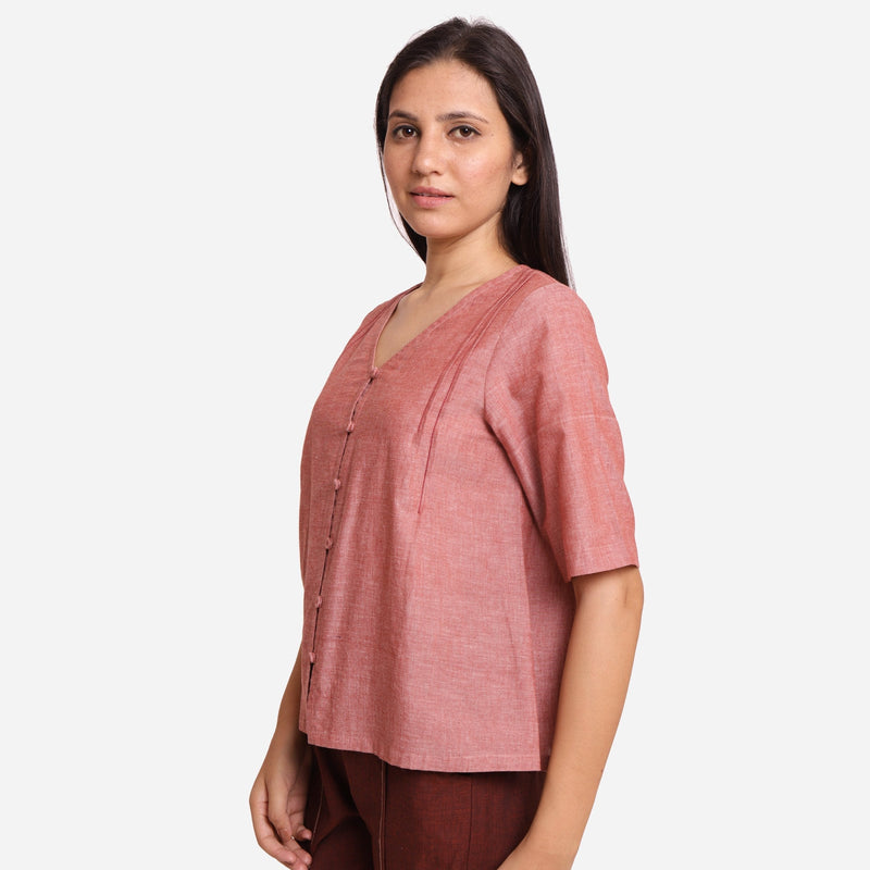 Left View of a Model wearing Poppy Peach A-Line Button-Down Top