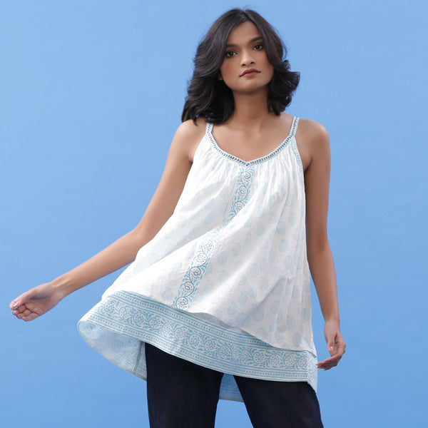 Front View of a Model wearing Powder Blue Block Printed V-Neck Tunic Top