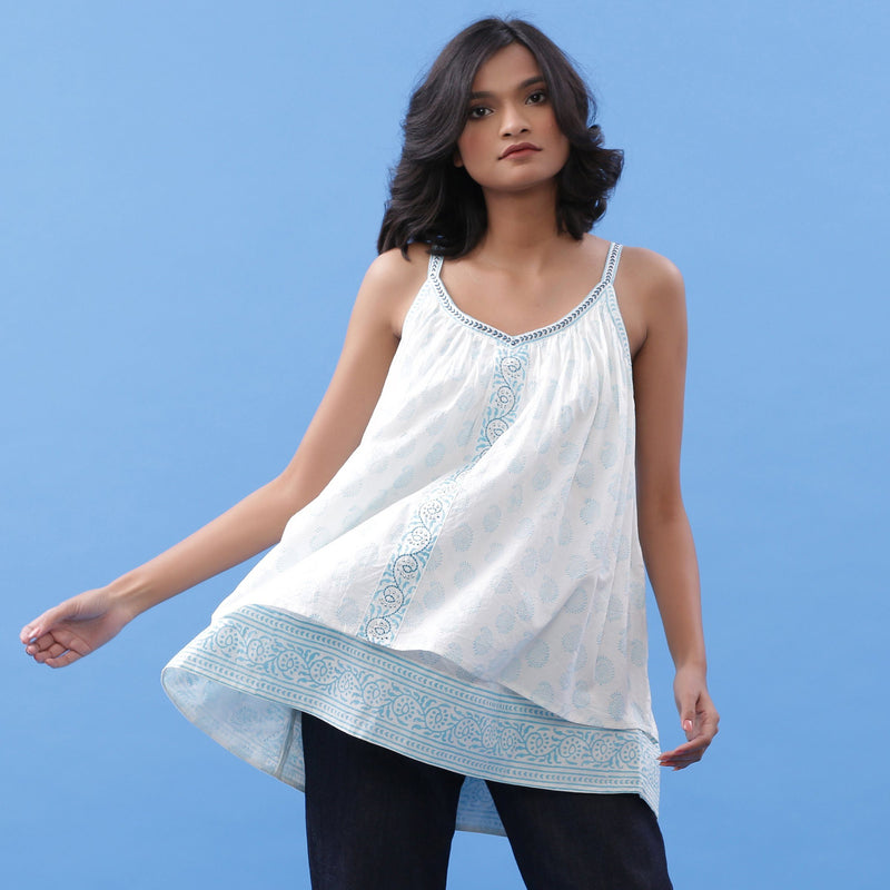 Front View of a Model wearing Powder Blue Block Printed V-Neck Tunic Top