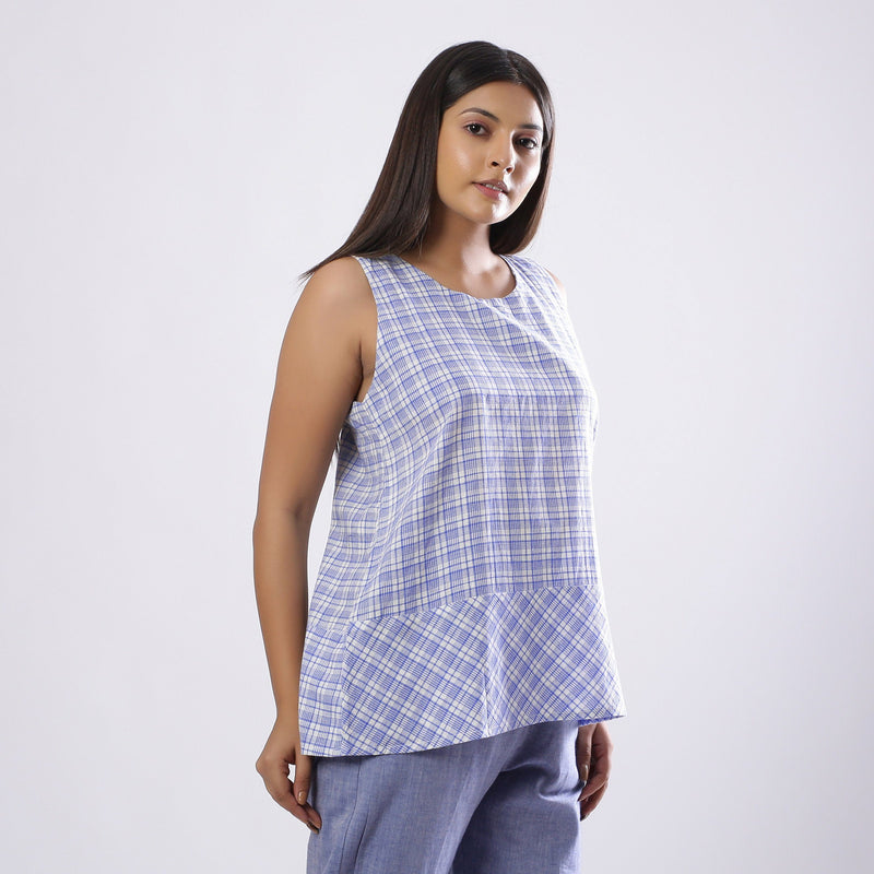 Right View of a Model wearing Powder Blue Handspun Checkered Top