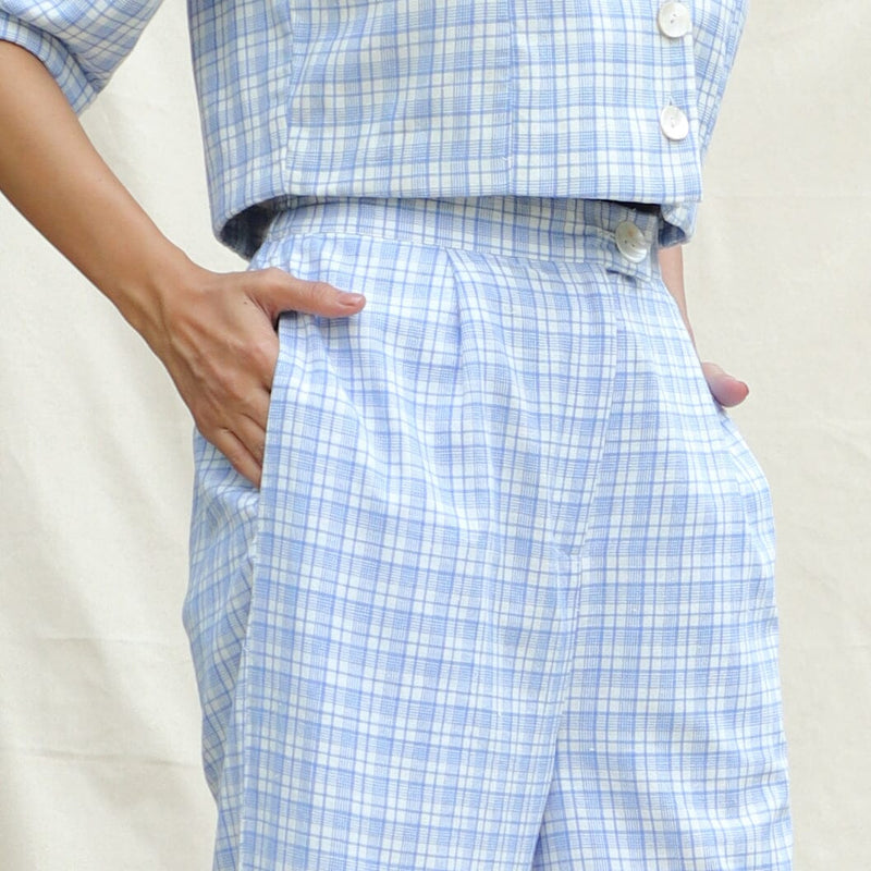 Front Detail of a Model wearing Powder Blue Checks Cotton High-Rise Wide Legged Pant
