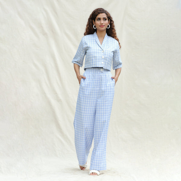 Front View of a Model wearing Powder Blue Checks Cotton High-Rise Wide Legged Pant