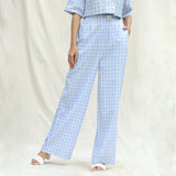 Front View of a Model wearing Powder Blue Checks Cotton High-Rise Wide Legged Pant