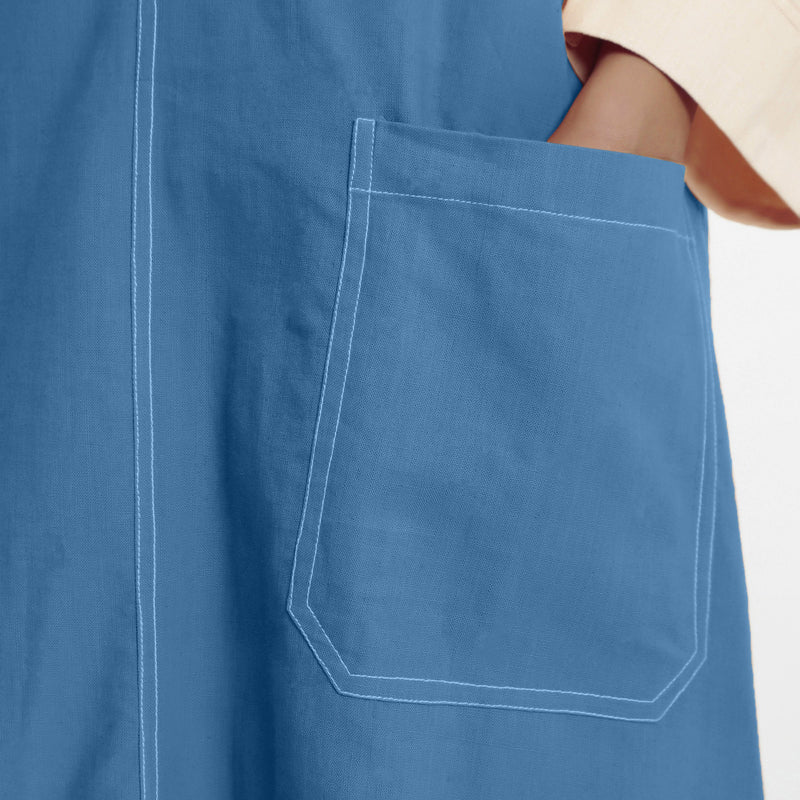 Close View of a Model wearing Powder Blue Handspun Cotton Deep Neck Shift Dress