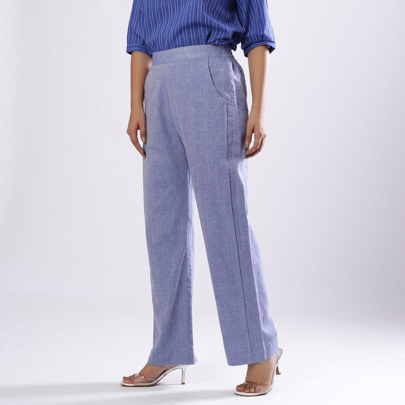 Powder Blue Handspun Cotton Elasticated Mid-Rise Pant