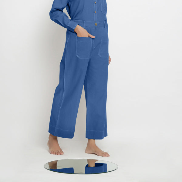 Right View of a Model wearing Powder Blue Patch Pocket Straight Fit Pant