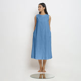 Front View of a Model wearing Powder Blue Vegetable Dyed A-Line Paneled Dress