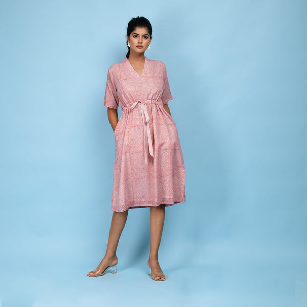 Front View of a Model wearing Powder Pink Cotton Block Print Knee-Length Kaftan Dress
