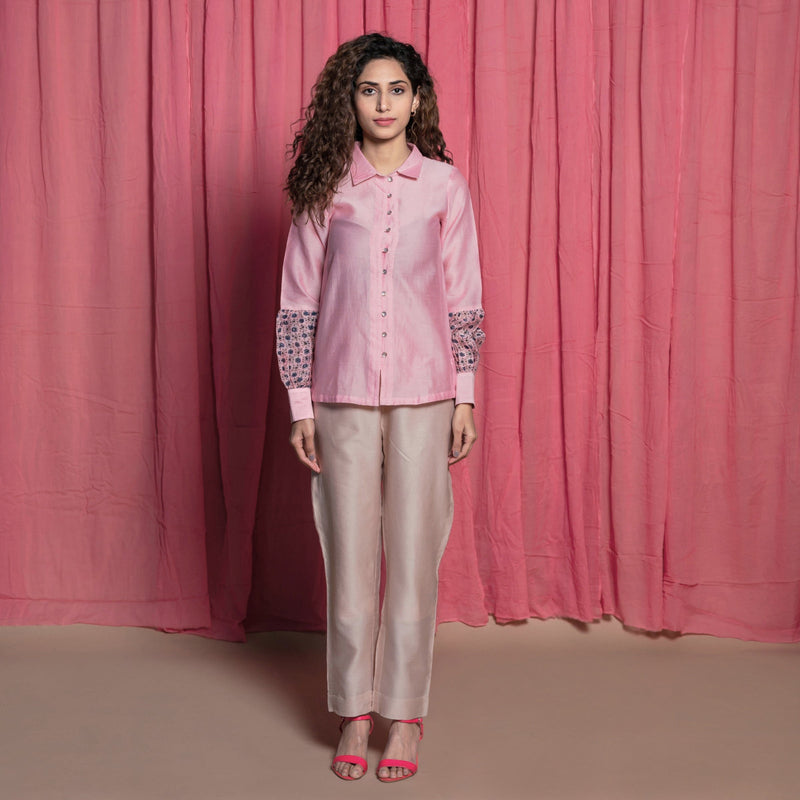 Front View of a Model wearing Pink Block Print Cotton Chanderi Shirt Top