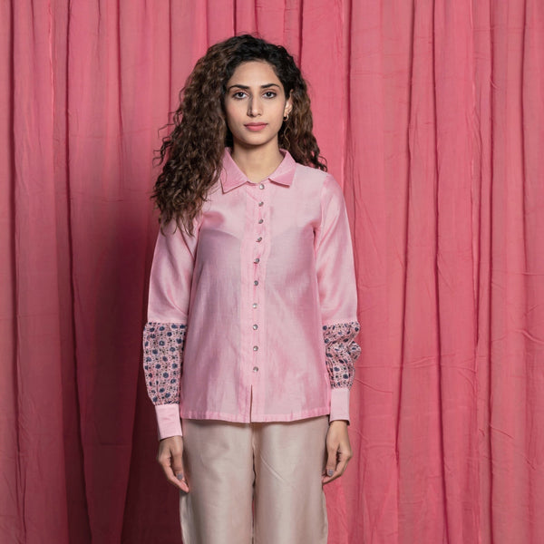 Front View of a Model wearing Pink Block Print Cotton Chanderi Shirt Top