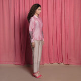 Right View of a Model wearing Pink Block Print Cotton Chanderi Shirt Top