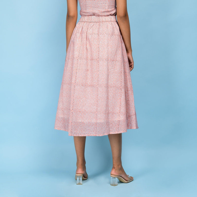 Back View of a Model wearing Powder Pink Paisley Block Printed Cotton Midi Skirt