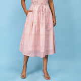 Front View of a Model wearing Powder Pink Paisley Block Printed Cotton Midi Skirt