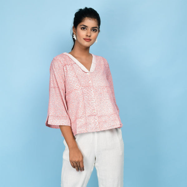 Front View of a Model wearing Powder Pink Block Printed Chelsea Collar Cotton Top