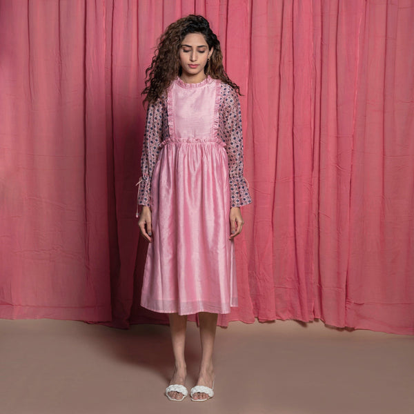 Front View of a Model wearing Powder Pink Cotton Block Printed Knee Length Frilled Dress