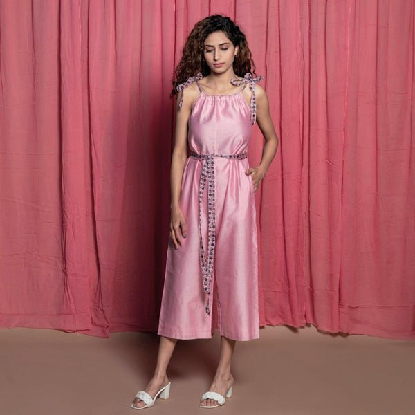 Front View of a Model wearing Powder Pink Chanderi Straight Midi Jumpsuit