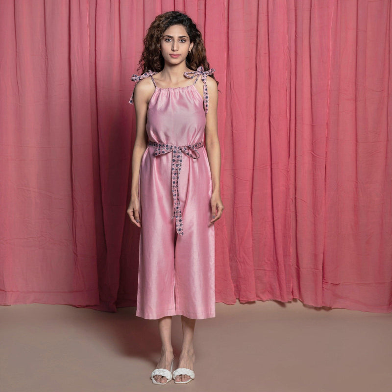 Front View of a Model wearing Powder Pink Chanderi Straight Midi Jumpsuit