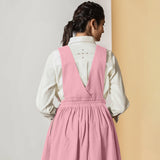 Back View of a Model wearing Powder Pink Cotton Flax Pinafore Midi Wrap Dress