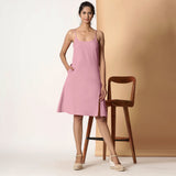 Front View of a Model wearing Powder Pink Cotton Flax Strappy Slit Dress