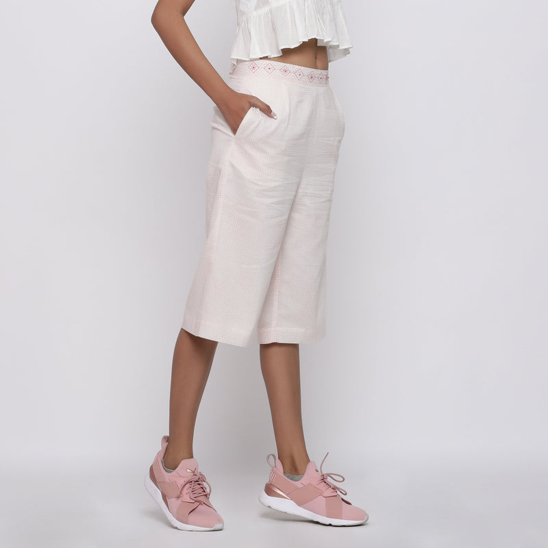 Right View of a Model wearing Powder Pink Mid Rise Straight Culottes