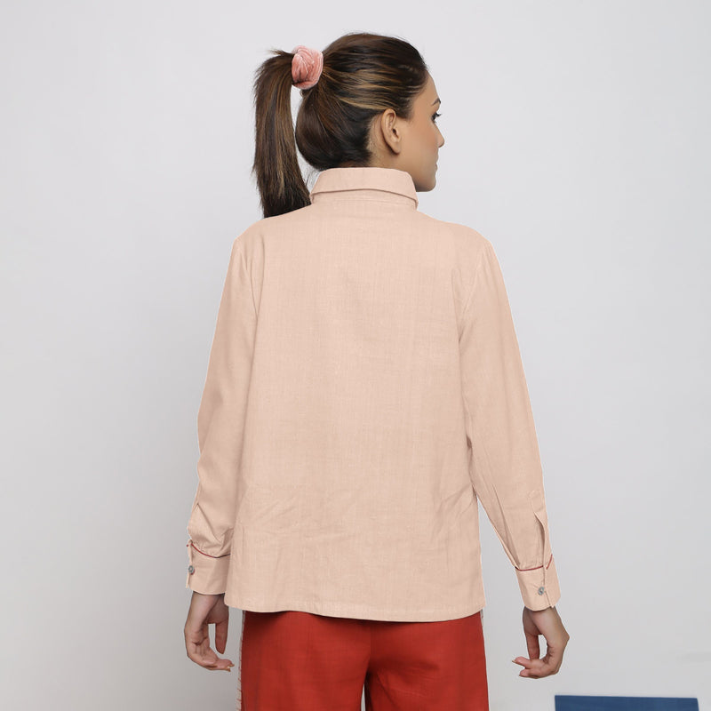 Back View of a Model wearing Powder Pink Vegetable Dyed 100% Cotton Button-Down Shirt