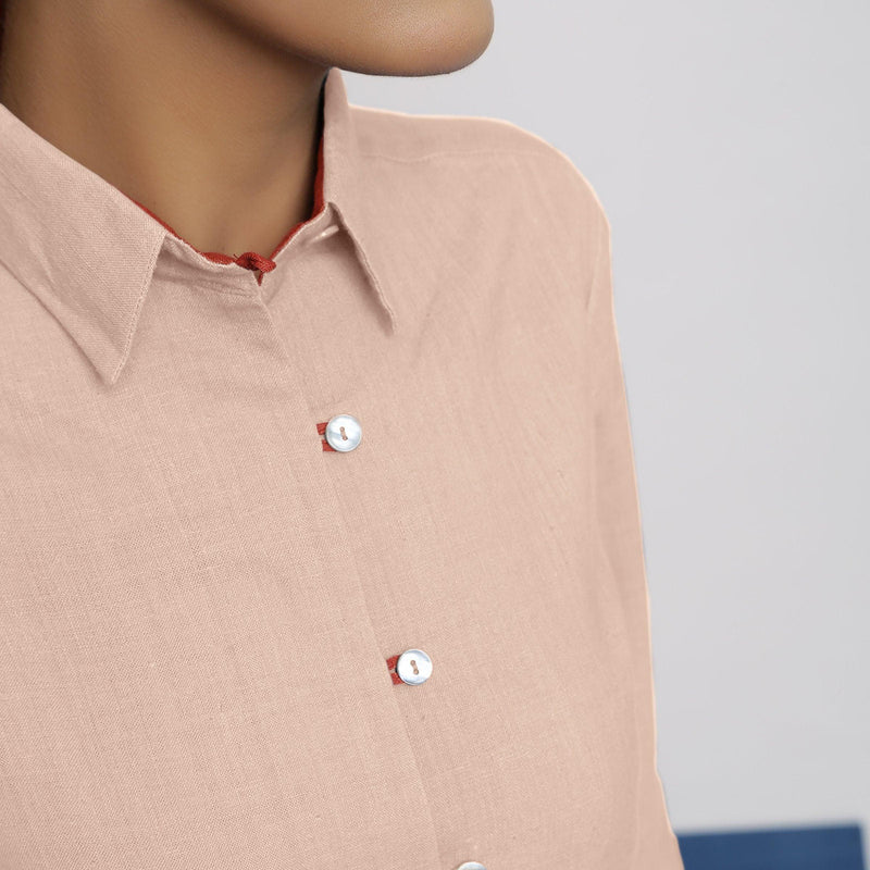 Front Detail of a Model wearing Powder Pink Vegetable Dyed 100% Cotton Button-Down Shirt
