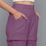 Right Detail of a Model wearing Purple Flannel Convertible Pant Shorts
