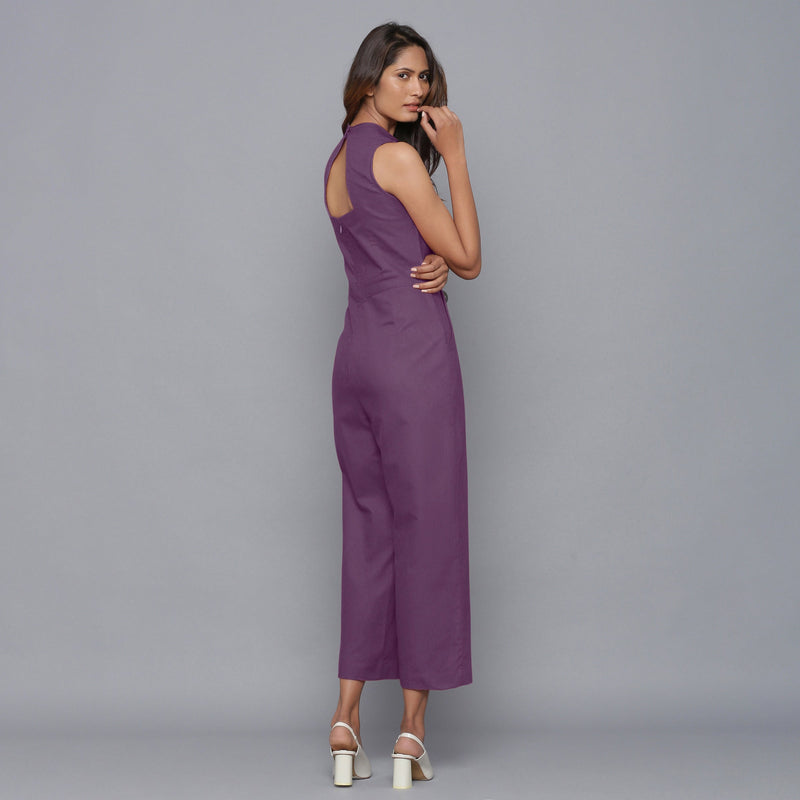 Back View of a Model wearing Purple Flannel Sleeveless Jumpsuit
