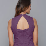 Back Detail of a Model wearing Purple Flannel Sleeveless Jumpsuit