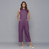 Front View of a Model wearing Purple Flannel Sleeveless Jumpsuit