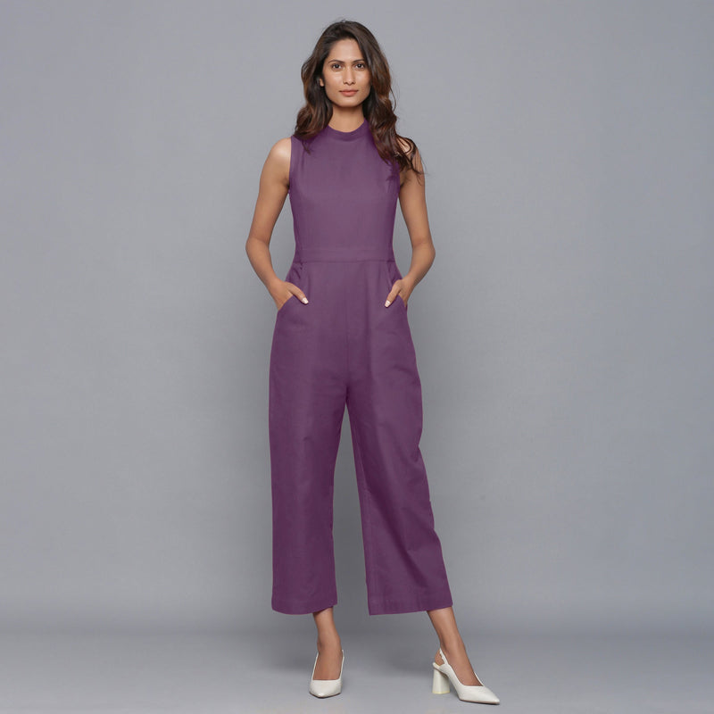Front View of a Model wearing Purple Flannel Sleeveless Jumpsuit
